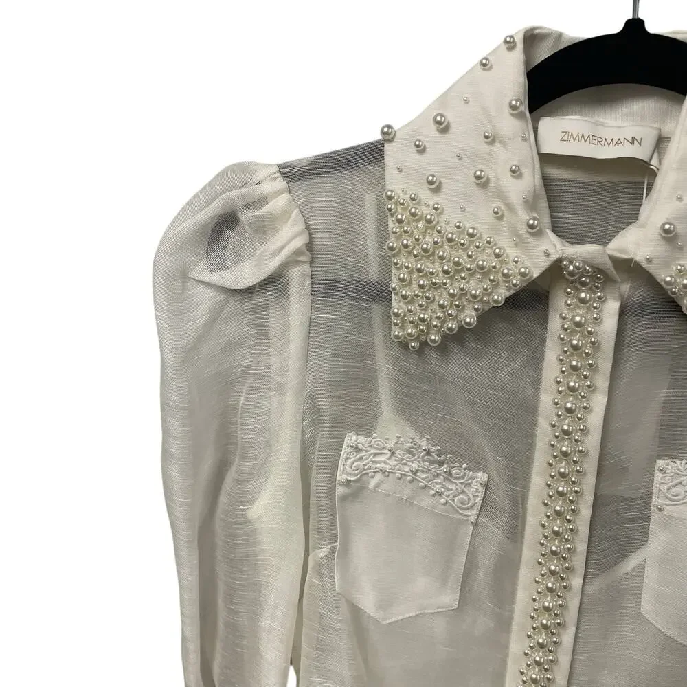 NWT Zimmermann High Tide Pearl Shirt Ivory Long Sleeve Button Up AU 0 / US 4 - Picture 3 of 11